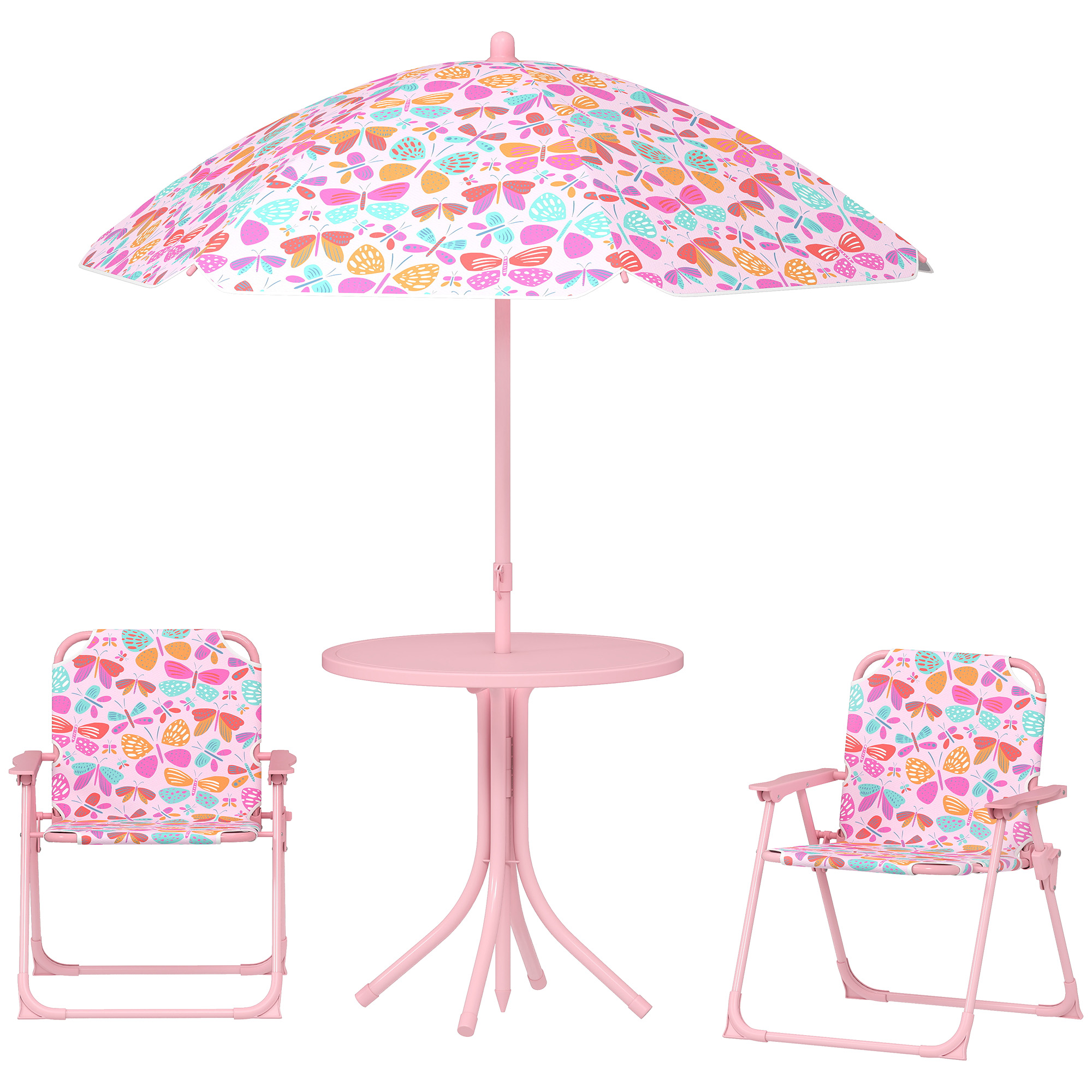 Kids Picnic Table and Chair Set, Outdoor Table with Foldable Chairs, Removable Umbrella, Pink