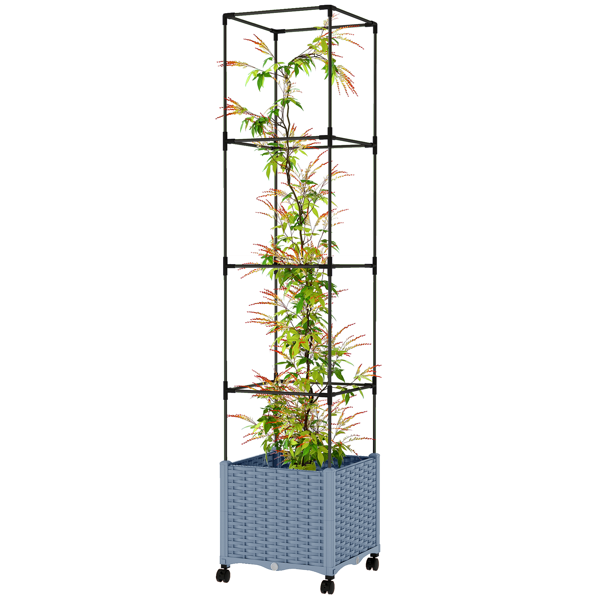 Raised Garden Bed with Trellis, Tomato Cage with Lockable Wheels, Self Watering Planter Box with Drainage Holes, Gray