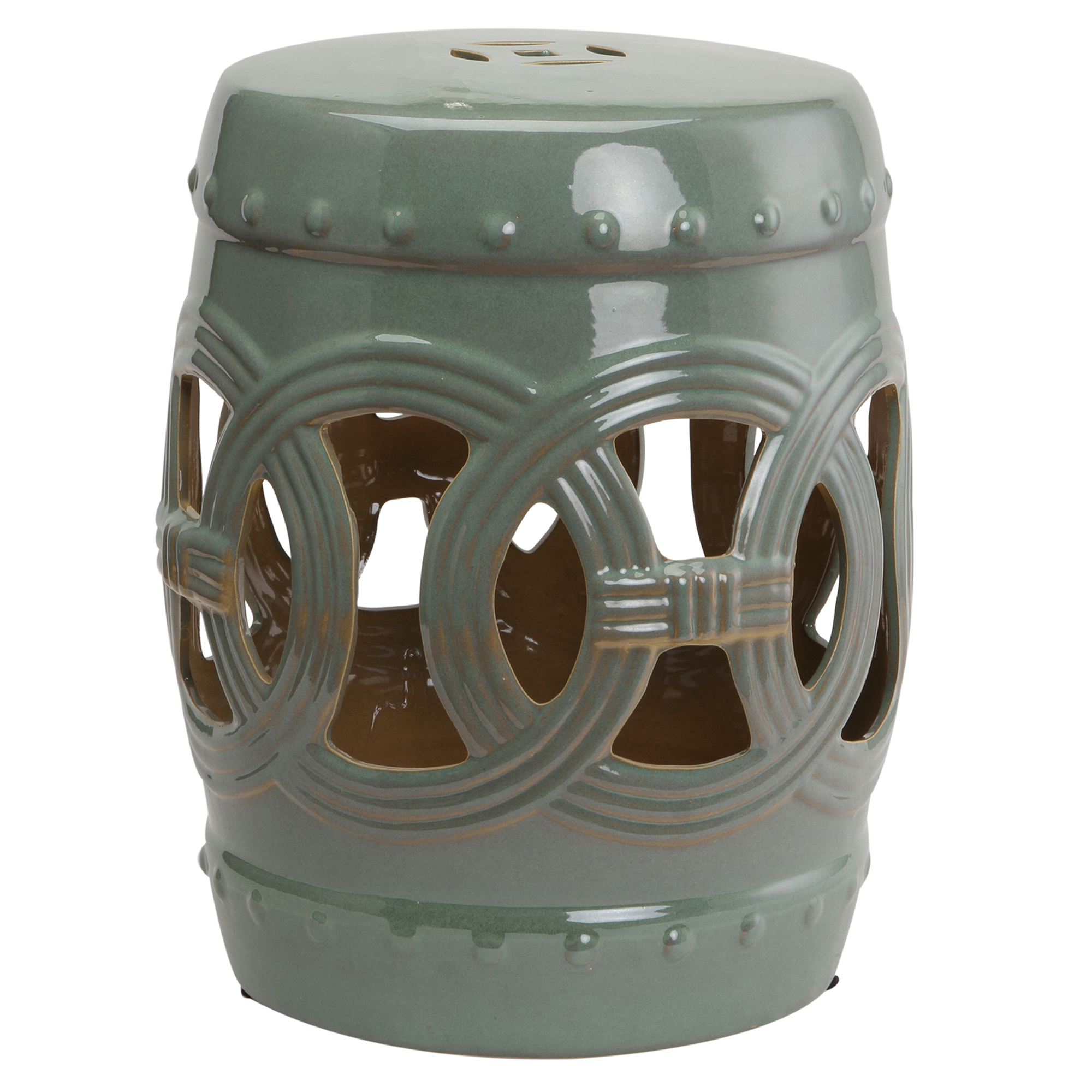 14" x 17" Ceramic Garden Stool with Double-Coin Knotted Ring Design & Strong Glazed Material, Decorative Outdoor Stool, Home Collection, Green